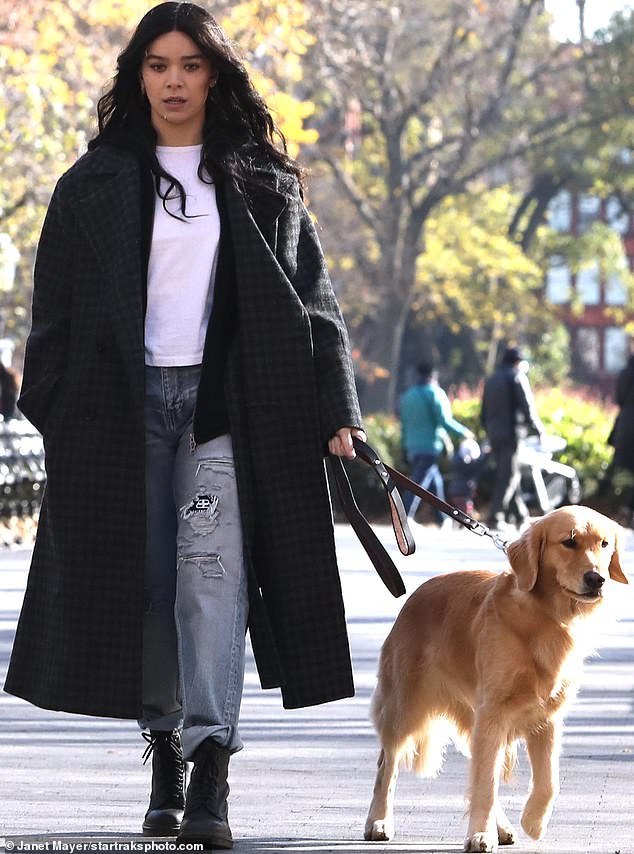 Furry friend: During their shoot day this Thursday the dynamic duo were joined by a pooch who was presumably playing Lucky The Pizza Dog