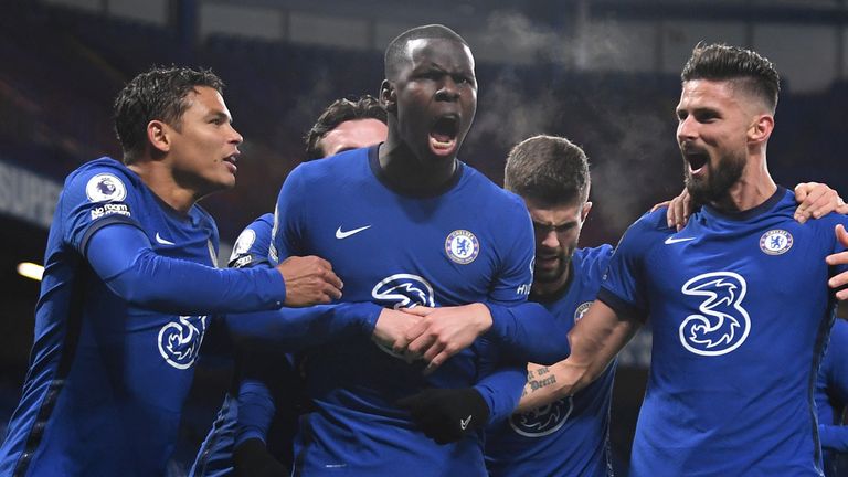 Kurt Zouma celebrates after putting Chelsea 2-1 up against Leeds