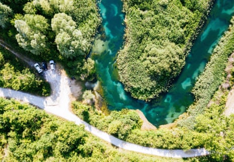 Tirino River in Abruzzo, Southern Italy. Aerial view