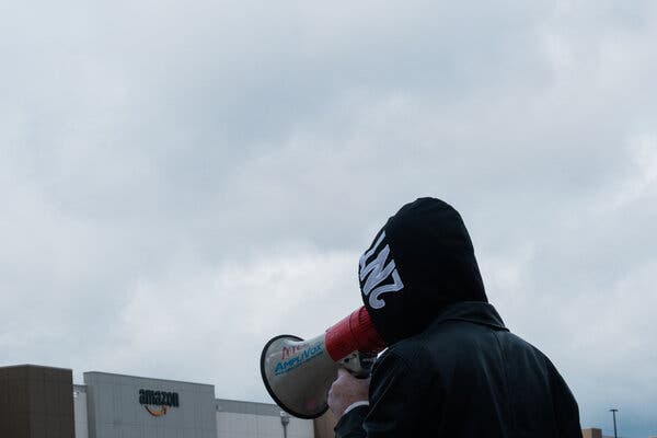 Christian Smalls leads a workers strike at the Amazon fulfillment center on Staten Island in May.