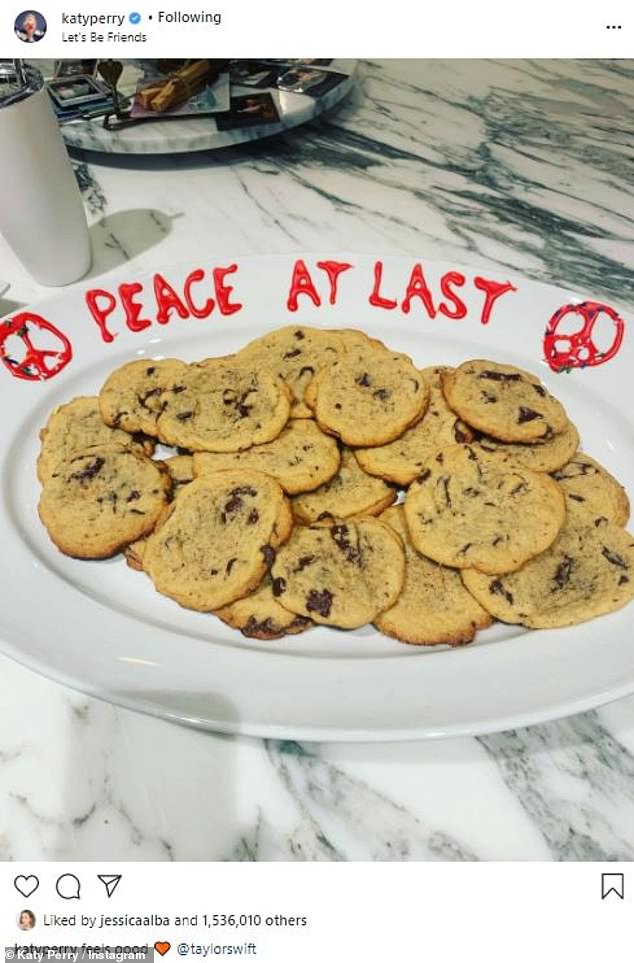 Peace at last: Perry shared a photo of a plate of cookies that said 'Peace at last' in 2019 nearly a year after she tried to end the feud by sending an olive branch ahead of Taylor's Reputation tour; pictured June 2019