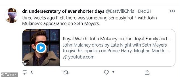 Eagle eyed: On Twitter, one user pointed out the clip, writing, 'three weeks ago I felt there was something seriously *off* with John Mulaney's appearance on Seth Meyers.'