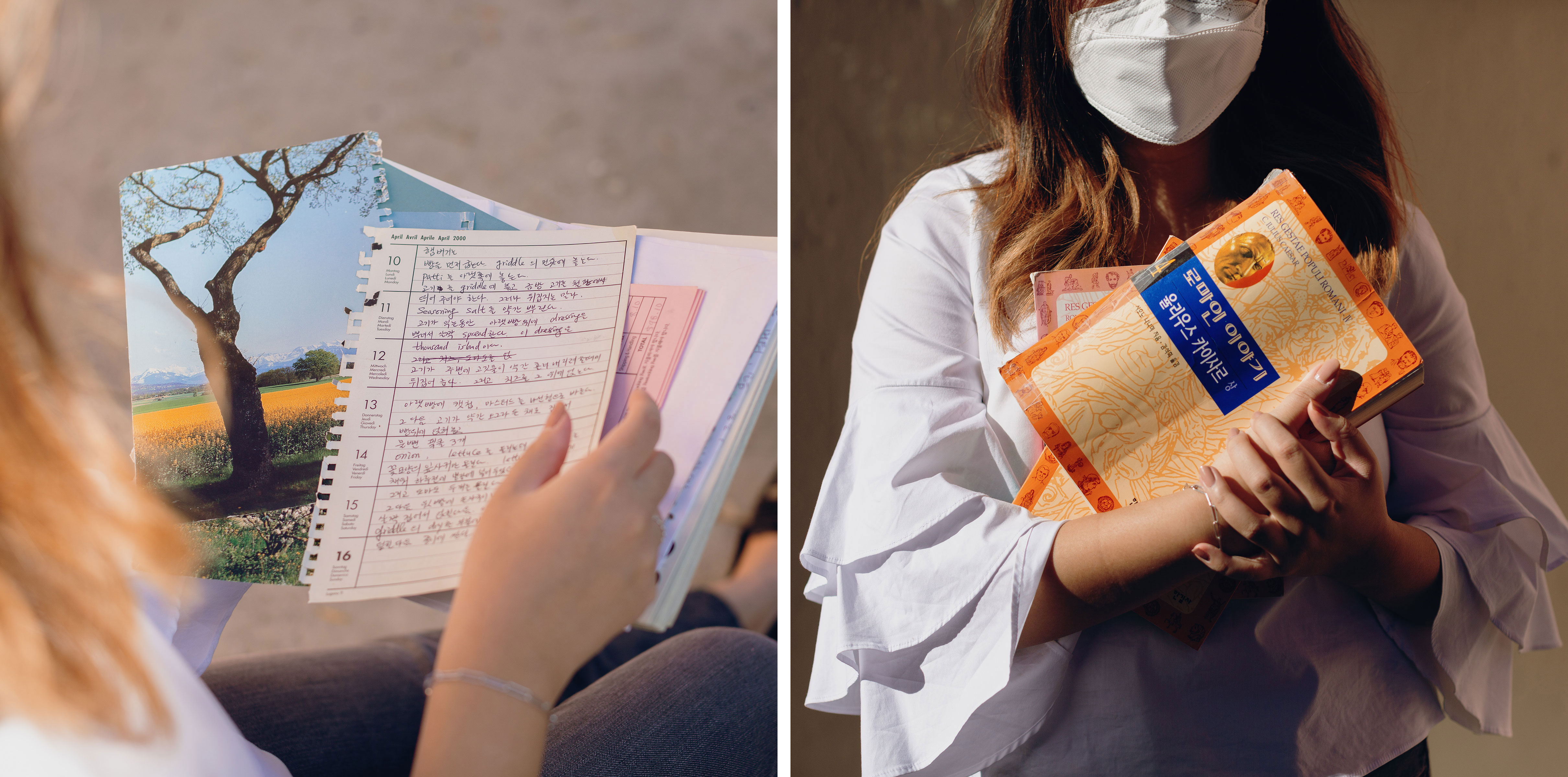 Hannah Kim holds her mother's cookbook that is filled with handwritten notes and recipes; Kim holds her father's favorite books