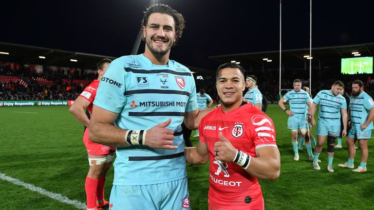 Kolbe poses with fellow South African Gerbrandt Grobler following a Champions Cup match between Toulouse and Gloucester - Kolbe had been told by many in South Africa that he was too small to make it at Test level