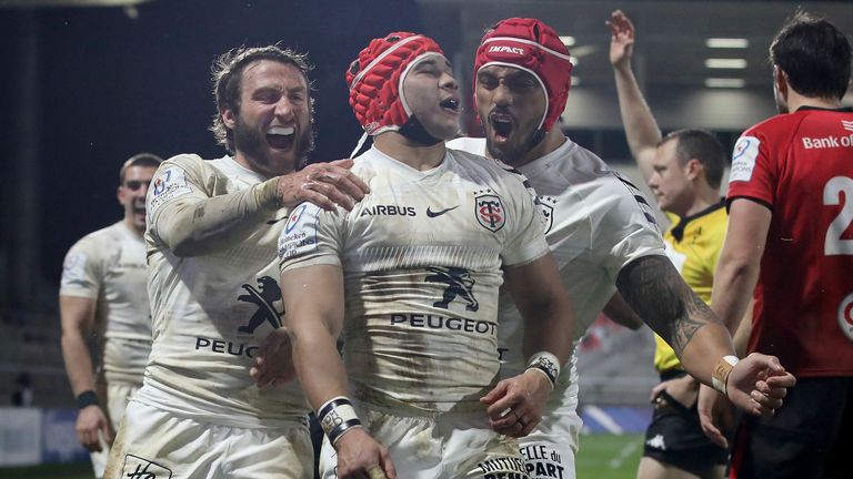 Cheslin Kolbe celebrates after scoring a try against Ulster in the Champions Cup earlier this month