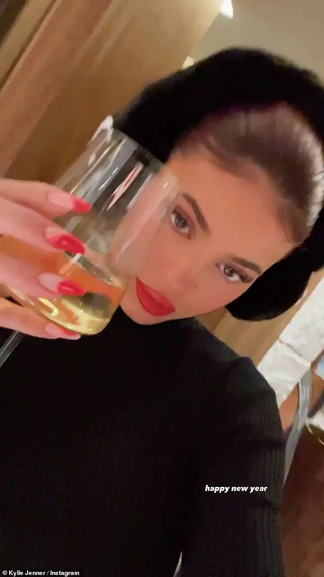 Cheers: The reality star later wished her fans a 'happy new year' as she raised a toast on camera from her celebrations