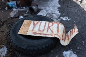 A sign indicates the yurt camp near Tulpar-Kel lake