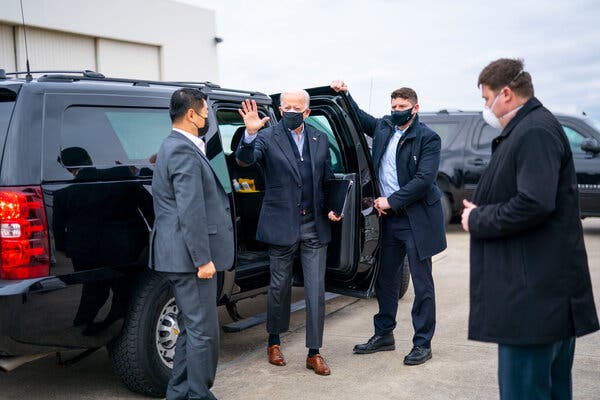 President-elect Joseph R. Biden Jr. boarded his plane at the New Castle County Airport in Wilmington, Del., on Monday. Republicans plan to attempt to disrupt certification of Mr. Biden’s electoral votes on Wednesday.