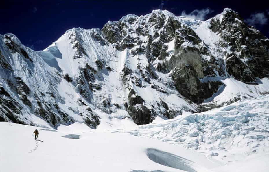 Shot of Peru snow-covered mountains in Touching the Void, 2003.