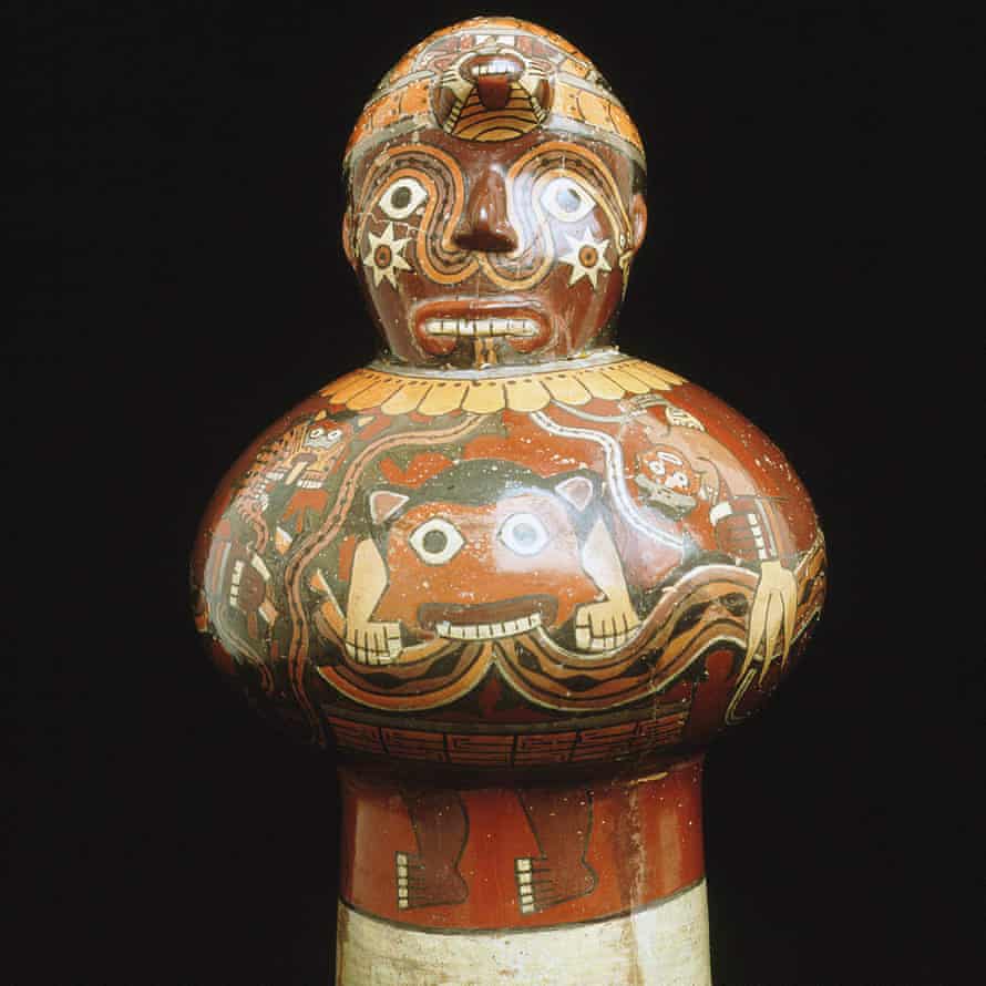 Ceremonial drum with painted creatures, Nazca culture, Peru, AD500.