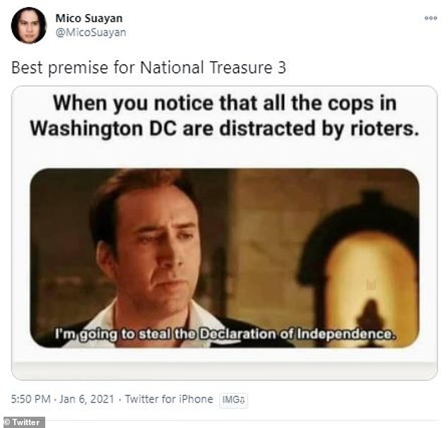 Now's the their chance: One person shared a National Treasure meme and joked that the best time to steal the Declaration of Independence was while police were occupied