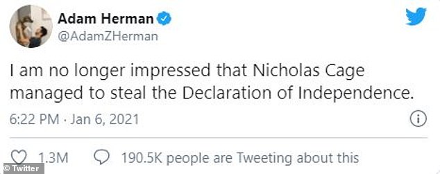 Not buying it: Others joked that the lengths Cage's character went to steal the document from the National Archives weren't believable anymore