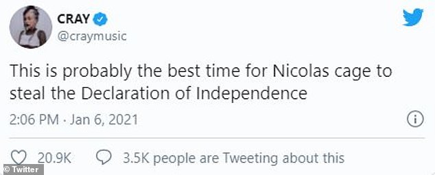 Leading man: Others joked about Cage as if he was his film character. 'this is probably the best time for Nicolas cage to steal the Declaration of Independence [sic],' one person tweeted