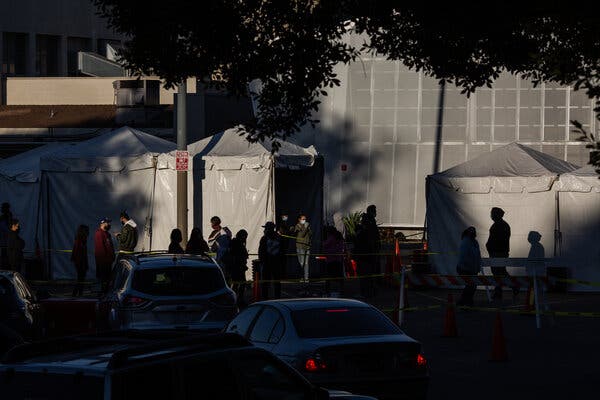 The line at a Curative COVID-19 test site in Lincoln Park in Los Angeles on Monday. 