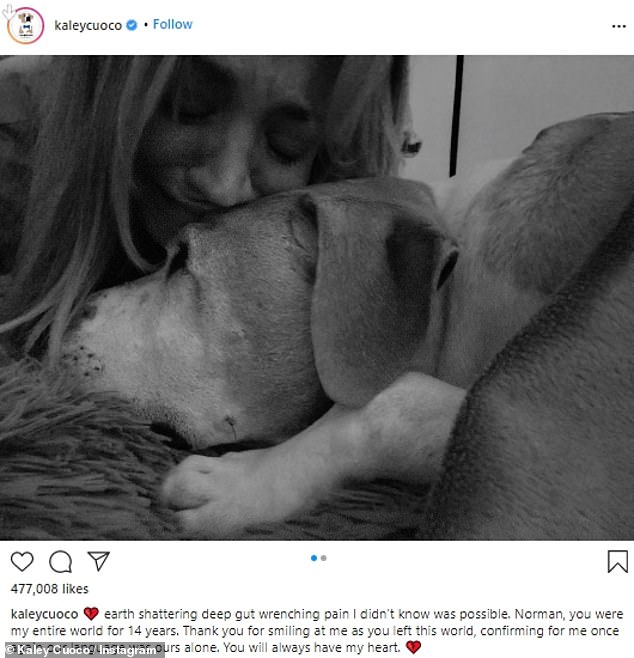 The heartbreaking announcement came with two black and white photos of the actress looking emotional while cuddling up to Norman, who was curled up on a rug