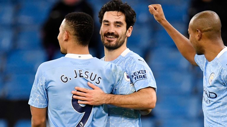 Ilkay Gundogan celebrates with Gabriel Jesus after scoring Man City&#39;s second (AP)
