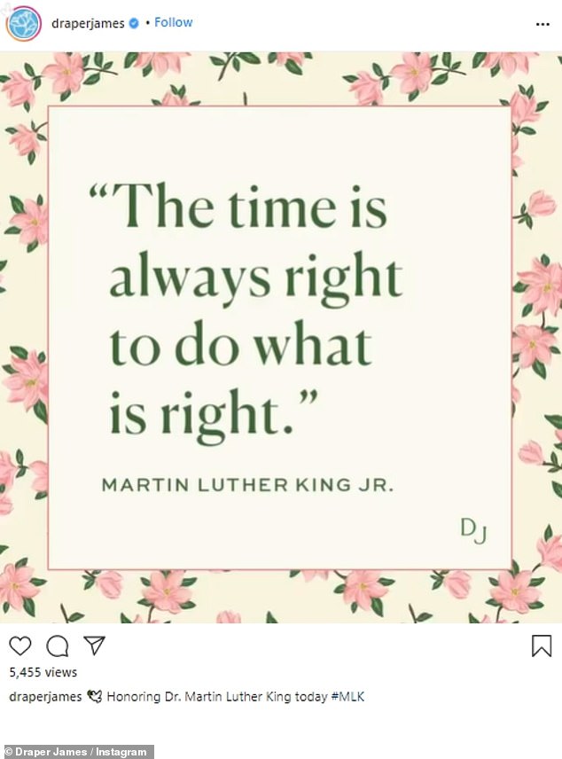 Floral inspired: Witherspoon's company Draper James wrote, 'The time is always right to do what is right.' Then shared, 'Honoring Dr. Martin Luther King today #MLK'