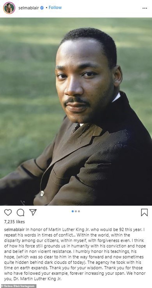 In close up: Selma Blair posted several photos as she wrote, 'In honor of Martin Luther King Jr. who would be 92 this year'