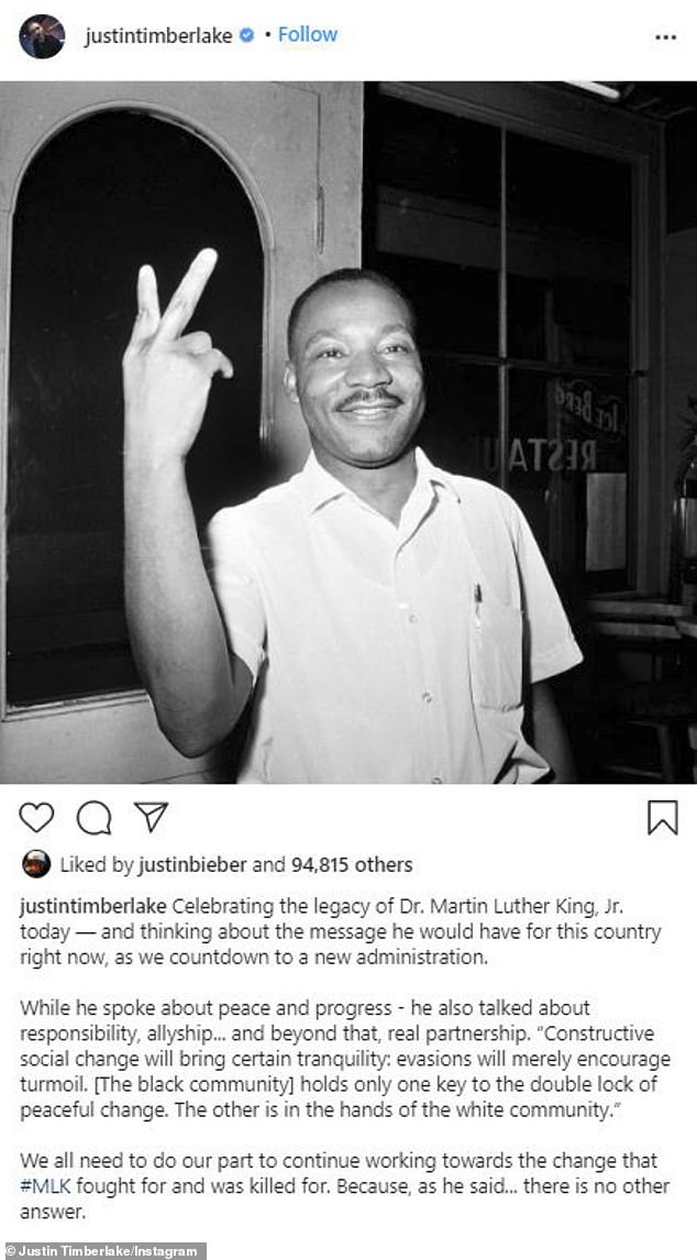 Right on the mark: Justin Timberlake said that Martin spoke about peace and progress