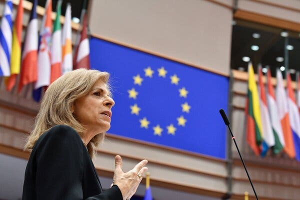 Stella Kyriakides, the European Union’s health commissioner, speaking during a plenary session on E.U. global strategy on coronavirus vaccinations at the E.U. parliament in Brussels on Tuesday.