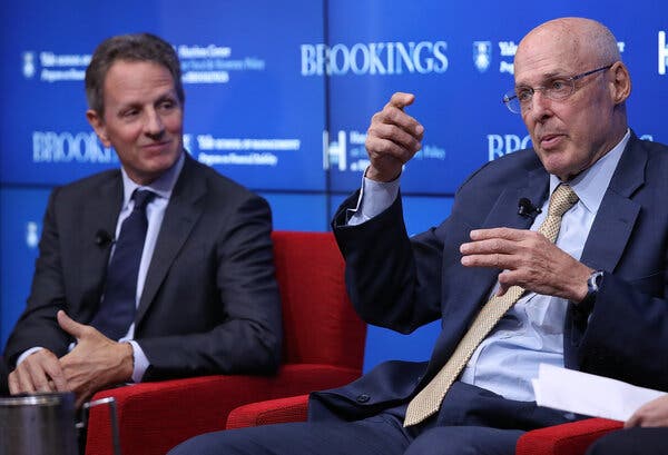  Timothy F. Geithner, left, and Henry M. Paulson Jr., two former Treasury secretaries, in 2018. Both support Janet Yellen’s confirmation as the new Treasury secretary.