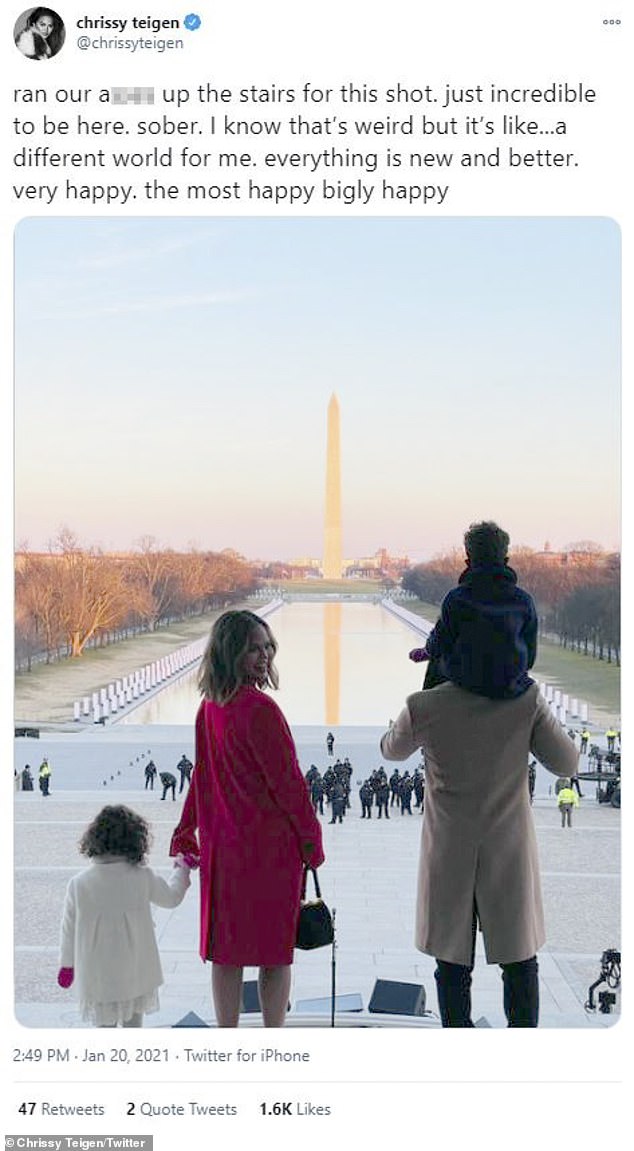 Thankful: In an emotional Twitter post, Chrissy Teigen expressed how thankful she was to have experienced Wednesday's inauguration 'sober,' a decision she says has made her 'very happy