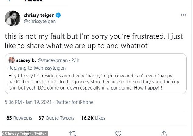 Not very happy: One irked Washington, D.C. resident wrote: 'Hey Chrissy DC residents aren¿t very ¿happy¿ right now and can¿t even ¿happy pack¿ their cars to drive to the grocery store because of the military state the city is in but yeah LOL come on down especially in a pandemic. How happy!!!'