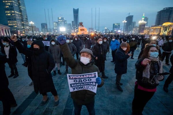 A protest in Ulaanbaatar, the Mongolian capital, on Wednesday over the treatment of a Covid patient.