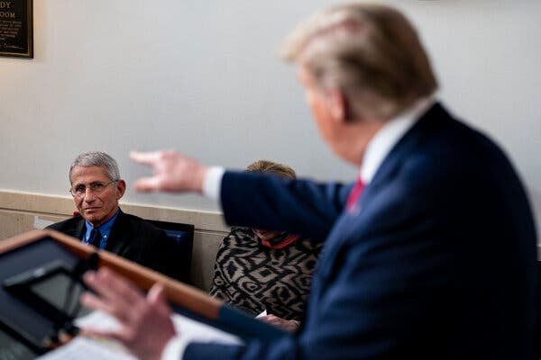 Dr. Anthony S. Fauci with President Donald Trump during a White House coronavirus briefing in April.