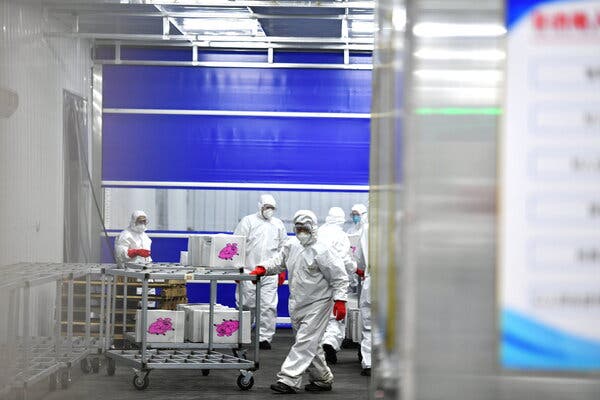 Workers moving goods at warehouse in  in Changchun, China, that stores and disinfects imported cold-chain products.