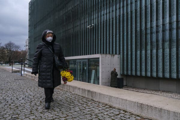 Krystyna Budnicka, a Holocaust survivor and member of the Children of the Holocaust Association, at the Monument to the Ghetto Heroes in Warsaw on Wednesday.