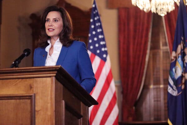 Gov. Gretchen Whitmer of Michigan spoke to state lawmakers on Wednesday night in Lansing, in a virtual State of the State address seen here in a photograph provided by the governor’s office.