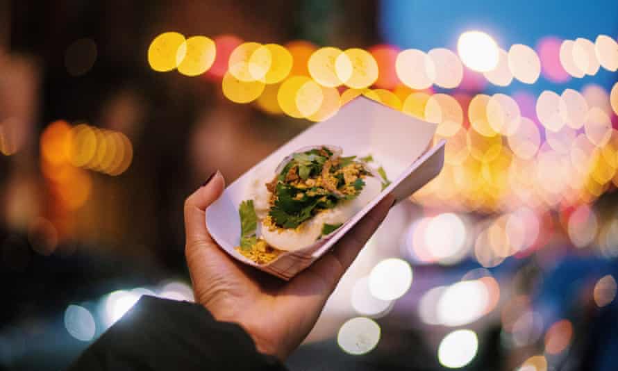 Tray of takeaway food.