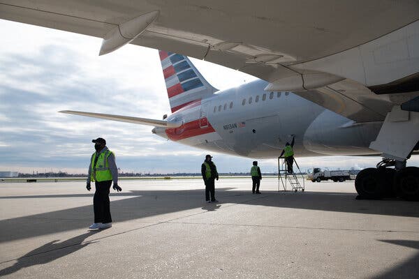 An American Airlines plane in Philadelphia International Airport.