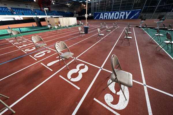 The Armory, an indoor track and field complex in Washington Heights, being set up as a coronavirus vaccination center on January 14.