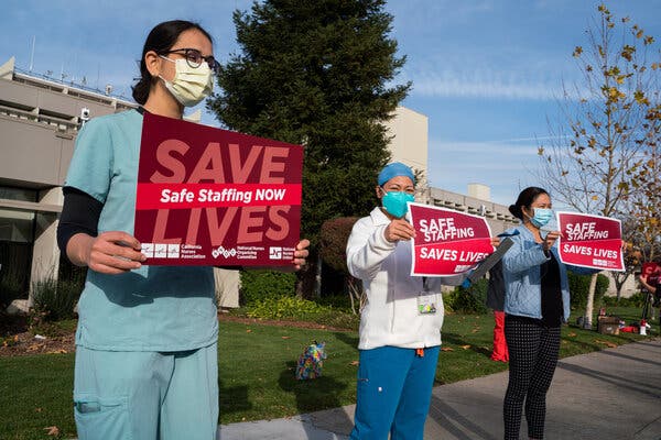 Registered nurses demonstrated against unsafe staffing practices at Good Samaritan Hospital in San Jose, Calif., in December. 