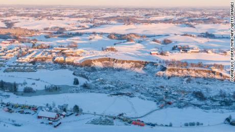 An aerial view on January 3 of the area impacted in Ask, Norway.