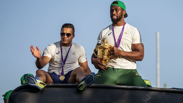 Cheslin Kolbe and Siya Kolisi celebrate the Springboks' World Cup win in 2019