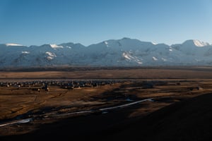 Lenin peak and the village of Sary-Mogol in southern Kyrgyzstan