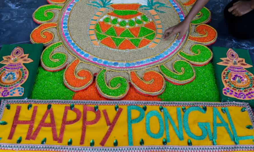 A floor decoration of the harvest festival at a temple in Colombo, Sri Lanka.