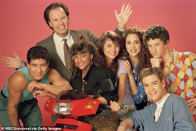 His hit show: On Saved By The Bell; (l-r) Mario Lopez as Alabert Clifford 'A.C.' Slater, Dennis Haskins as Mr. Richard Belding, Lark Voorhies as Lisa Turtle, Tiffani Thiessen as Kelly Kapowski, Elizabeth Berkley as Jessie Spano, Mark-Paul Gosselaar as Zachary 'Zach' Morris, Diamond as Screech Powers