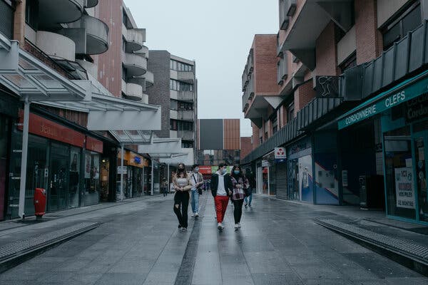 A shopping mall in Cergy-Pontoise, near Paris, on Sunday. France is still under a 6 p.m. to 6 a.m. curfew, and places like cafes, museums and theaters are closed.