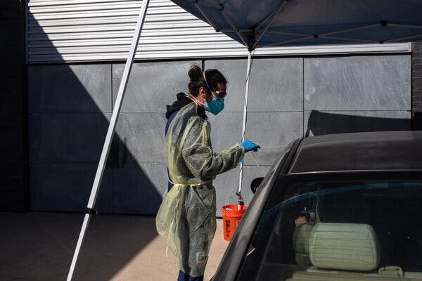 A medical technician at a coronavirus testing site in Austin, Texas, last month.