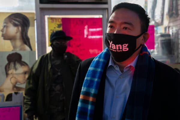 Andrew Yang in the East New York neighborhood of Brooklyn after announcing his candidacy for mayor in January. He had been campaigning extensively in person despite the pandemic.