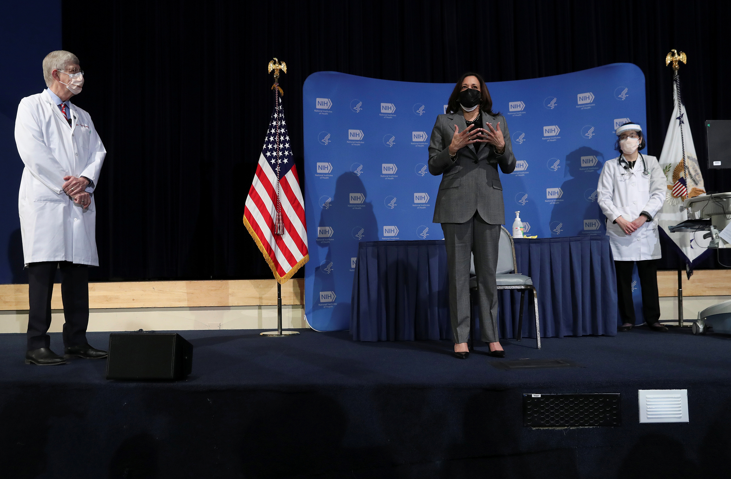 Vice President Kamala Harris joins Collins at the NIH to get her second dose of the Moderna vaccine in January