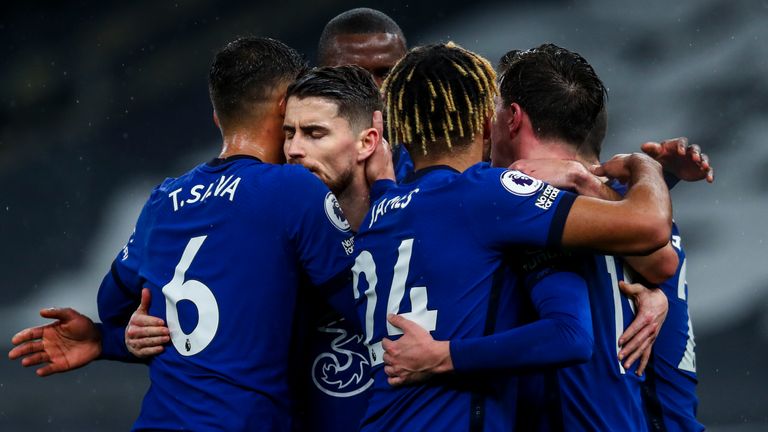 Chelsea players celebrate after Jorginho scores from the spot against Tottenham