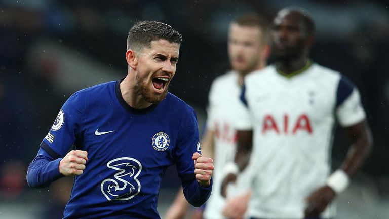 Chelsea&#39;s Jorginho celebrates after scoring against Tottenham