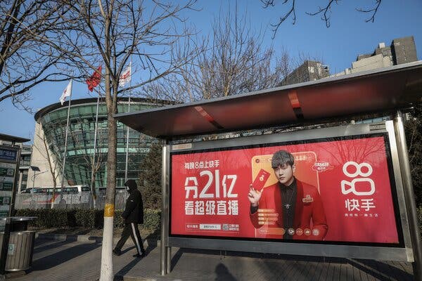 A Kauishou billboard outside the company’s headquarters in Beijing. Its app has similar features to Periscope, Snapchat and Instagram.