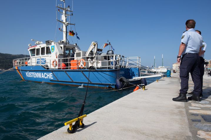 The German coast guard boat Uckermark in port on the Greek isle of Samos