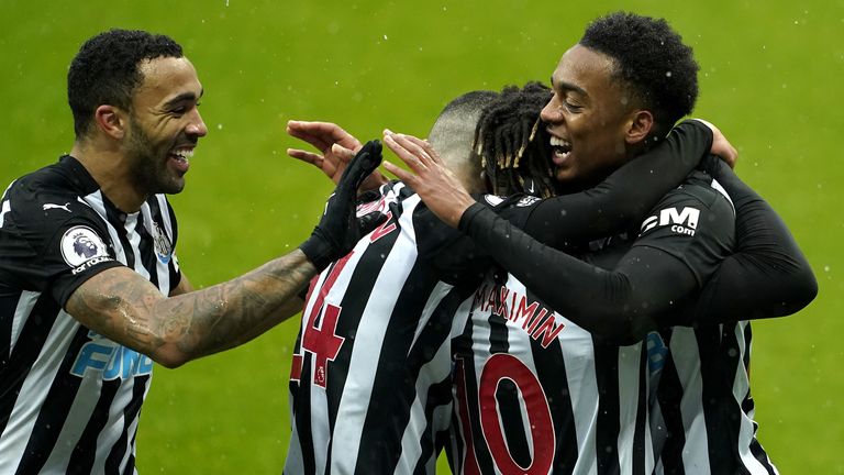 Joe Willock celebrates scoring on his Newcastle debut